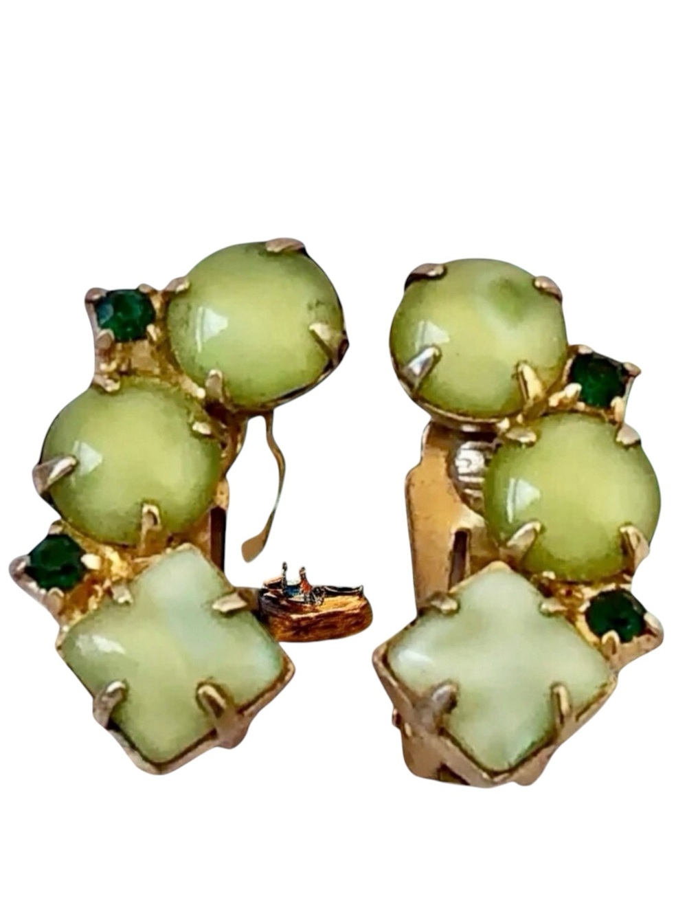 Vintage Clip-On Earrings Emerald Green Rhinestones + Round & Square Stones